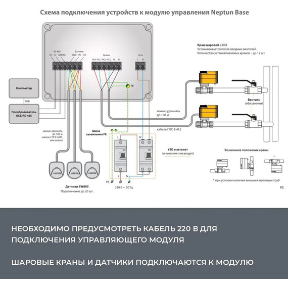 Система защиты от протечек воды 1/2 Нептун Neptun Bugatti Base 2 крана, 3 проводных датчика 100035530000 фото 11