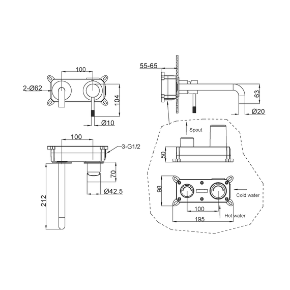Смеситель для раковины настенный Boheme Uno 465-GM (со скрытой частью) графит фото 2