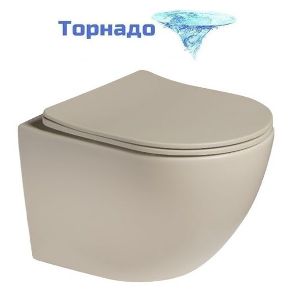 Унитаз подвесной безободковый SantiLine SL-5005T-BG с тонкой крышкой микролифт (система смыва Торнадо) бежевый матовый фото 