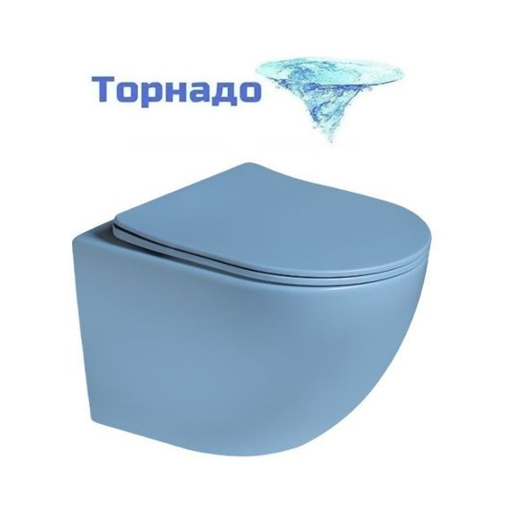 Унитаз подвесной безободковый SantiLine SL-5005T-BL с тонкой крышкой микролифт (система смыва Торнадо) голубой матовый фото 