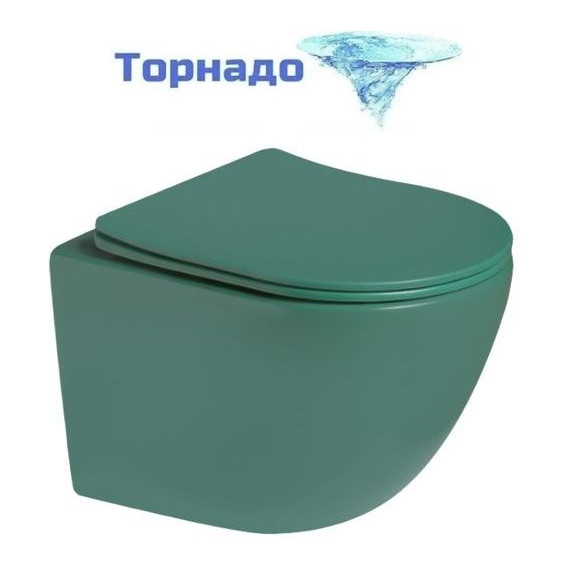 Унитаз подвесной безободковый SantiLine SL-5005T-G с тонкой крышкой микролифт (система смыва Торнадо) зелёный матовый фото 