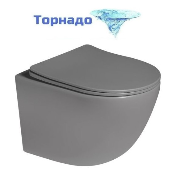 Унитаз подвесной безободковый SantiLine SL-5005T-MG с тонкой крышкой микролифт (система смыва Торнадо) светло-серый матовый фото 