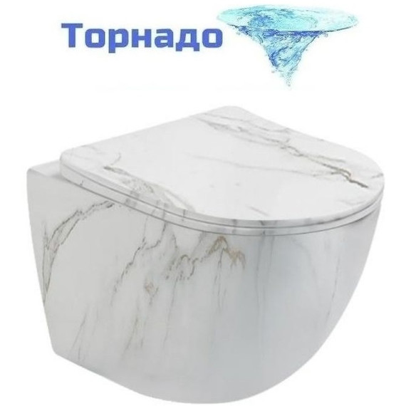 Унитаз подвесной безободковый SantiLine SL-5005T-MRB с тонкой крышкой микролифт (система смыва Торнадо) под мрамор фото 
