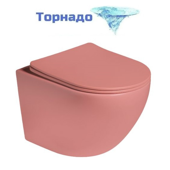 Унитаз подвесной безободковый SantiLine SL-5005T-P с тонкой крышкой микролифт (система смыва Торнадо) персиковый матовый фото 