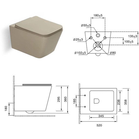 Унитаз подвесной безободковый SantiLine SL-5007BG с тонкой крышкой микролифт, бежевый матовый фото 5