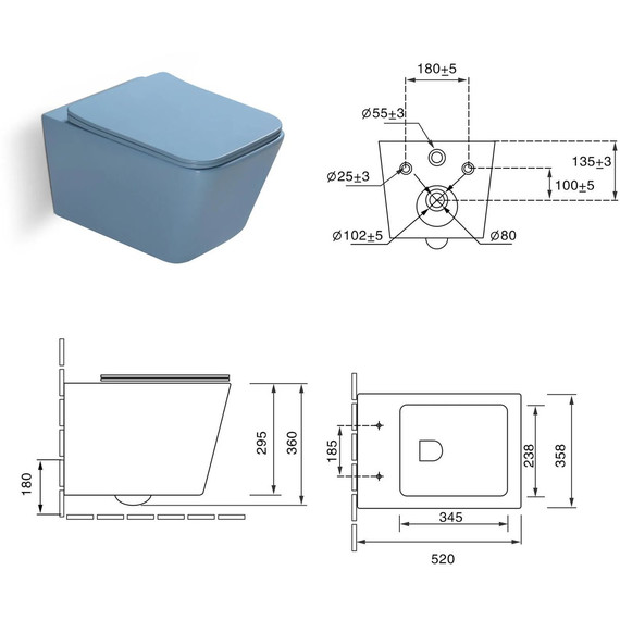 Унитаз подвесной безободковый SantiLine SL-5007BL с тонкой крышкой микролифт, голубой матовый фото 4