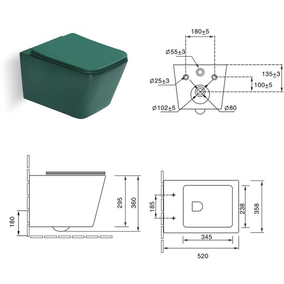 Унитаз подвесной безободковый SantiLine SL-5007G с тонкой крышкой микролифт, зелёный матовый фото 4
