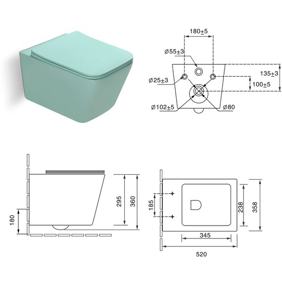Унитаз подвесной безободковый SantiLine SL-5007LG с тонкой крышкой микролифт, светло-зелёный матовый фото 3