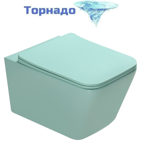Унитаз подвесной безободковый SantiLine SL-5007T-LG с тонкой крышкой микролифт (система смыва Торнадо) светло-зелёный матовый фото 