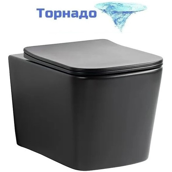 Унитаз подвесной безободковый SantiLine SL-5027MB с тонкой крышкой микролифт (система смыва Торнадо) чёрный матовый фото 