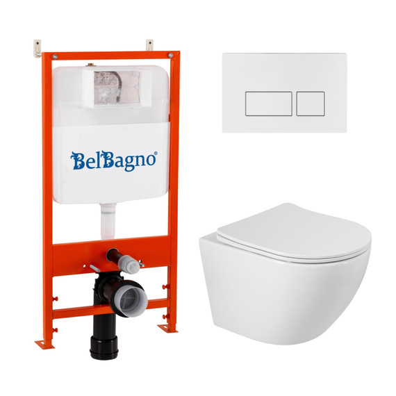 Инсталляция с подвесным унитазом комплект: BelBagno Sfera BB046CHR/SC/BB026/BB042BL с подвесным безободковым унитазом, сиденье микролифт, крепление, кнопка смыва белая фото 