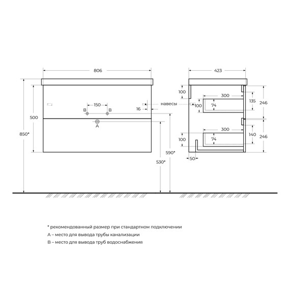 Тумба подвесная с раковиной BelBagno 80 см DUE-800-2C-SO-GM-P, оружейная сталь фото 3