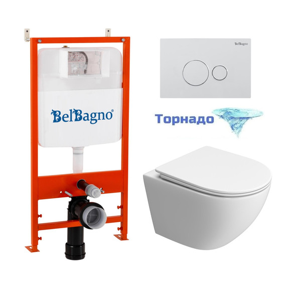 Инсталляция с подвесным унитазом комплект: BelBagno Uno BB5177CH-TOR/SC/BB026/BB082BL с подвесным безободковым унитазом, сиденье микролифт, крепление, кнопка смыва белая (система смыва торнадо) фото 