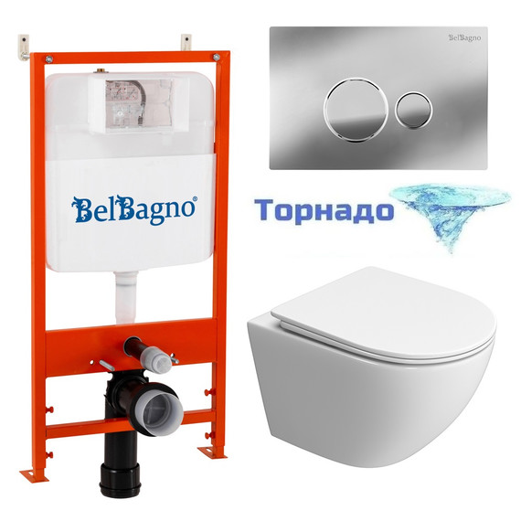 Инсталляция с подвесным унитазом комплект: BelBagno Uno BB5177CH-TOR/SC/BB026/BB081CR с подвесным безободковым унитазом, сиденье микролифт, крепление, кнопка смыва хром (система смыва торнадо) фото 