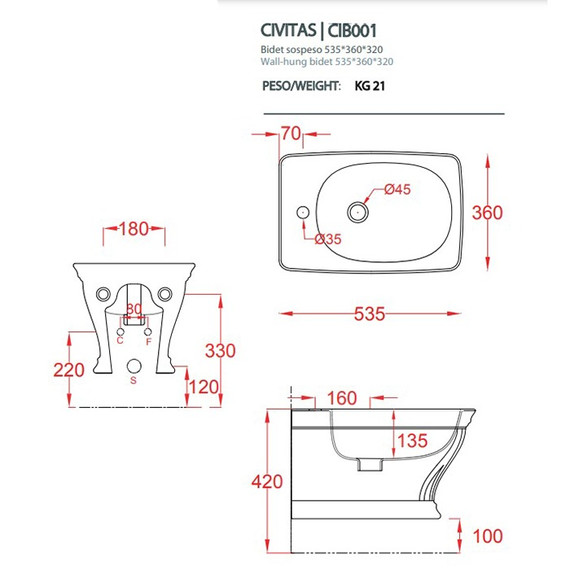 Биде подвесное ArtCeram Civitas CIB001 01 00 фото 6