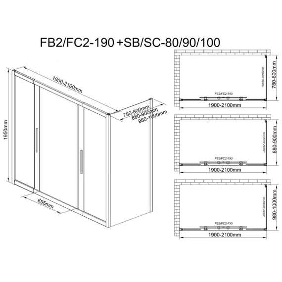 Душевое ограждение Avacan (190-210)х80 см FB2-190-SB80MT, чёрный/матовое фото 11