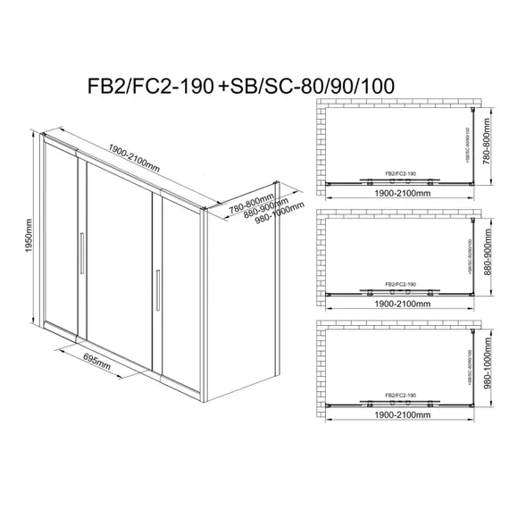 Душевое ограждение Avacan (190-210)х100 см FB2-190-SB100MT, чёрный/матовое фото 12