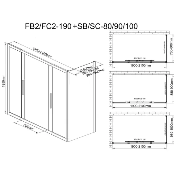 Душевое ограждение Avacan (190-210)х90 см FB2-190-SB90MT, чёрный/матовое фото 12