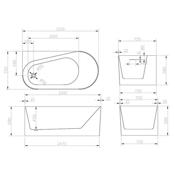 Ванна акриловая Abber AB9496-1.5 L 150x75 см фото 10