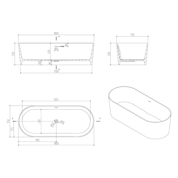 Ванна отдельностоящая Abber Stein 180x75 см AS9614, белый матовый фото 11