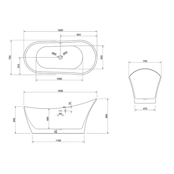 Ванна отдельностоящая Abber Stein 169x75 см AS9618, белый матовый фото 11