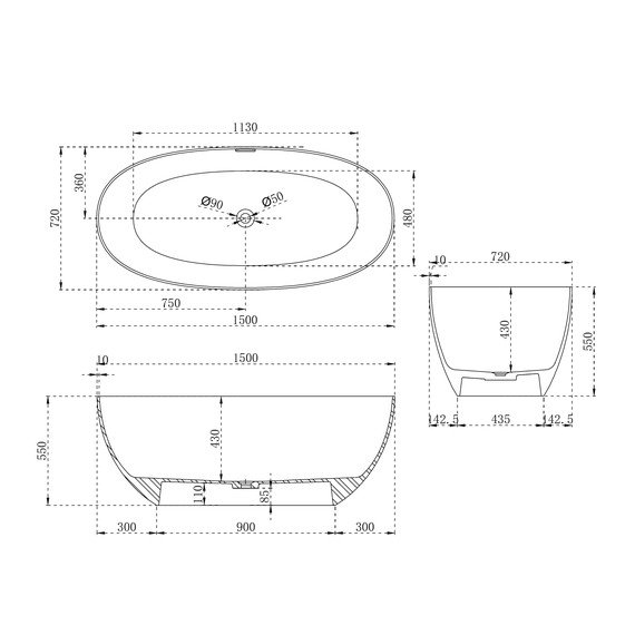 Ванна отдельностоящая Abber Stein 150x72 см AS9624-1.5, белый матовый, Размер - мм: 1500х700 фото 10
