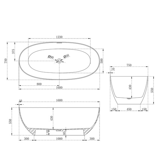 Ванна отдельностоящая Abber Stein 160x75 см AS9624-1.6, белый матовый, Размер - мм: 1600х750 фото 10