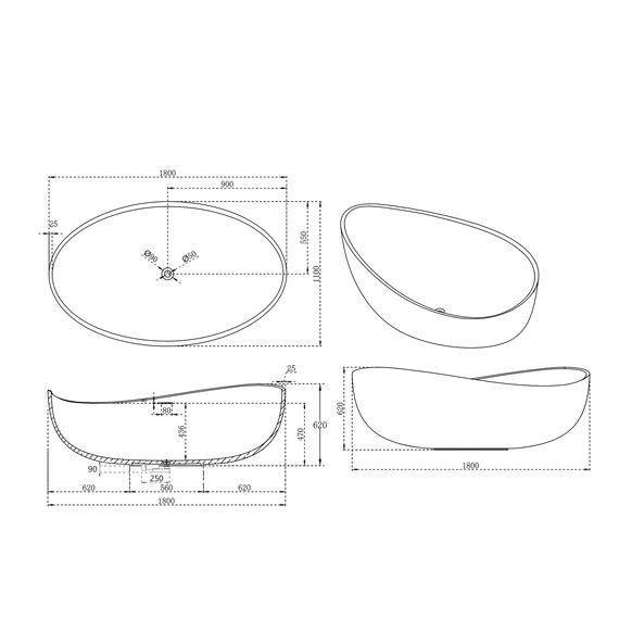 Ванна отдельностоящая Abber Stein 180x110 см AS9639, белый матовый фото 11