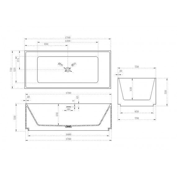 Ванна отдельностоящая Abber Stein 170x75 см AS9602 фото 11