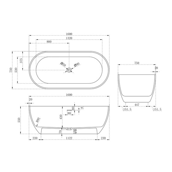 Ванна отдельностоящая Abber Stein 160x75 см AS9613-1.6, Размер - мм: 1600х750 фото 10