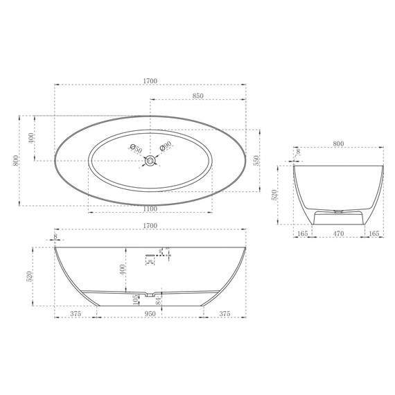 Ванна отдельностоящая Abber Stein 170x80 см AS9625-1.7, белый матовый, Размер - мм: 1700х800 фото 13