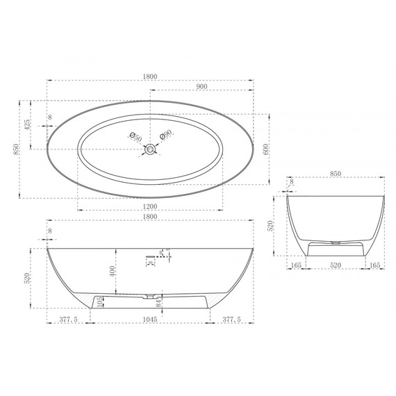 Ванна отдельностоящая Abber Stein 180x85 см AS9625-1.8, белый матовый, Размер - мм: 1800х850 фото 13