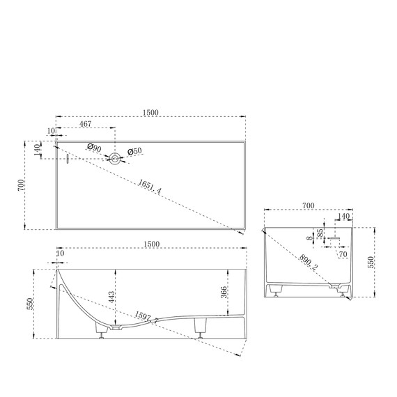 Ванна каменная Abber Stein 150x70 см AS9640-1.5, белый матовый, Размер - мм: 1500х700 фото 11