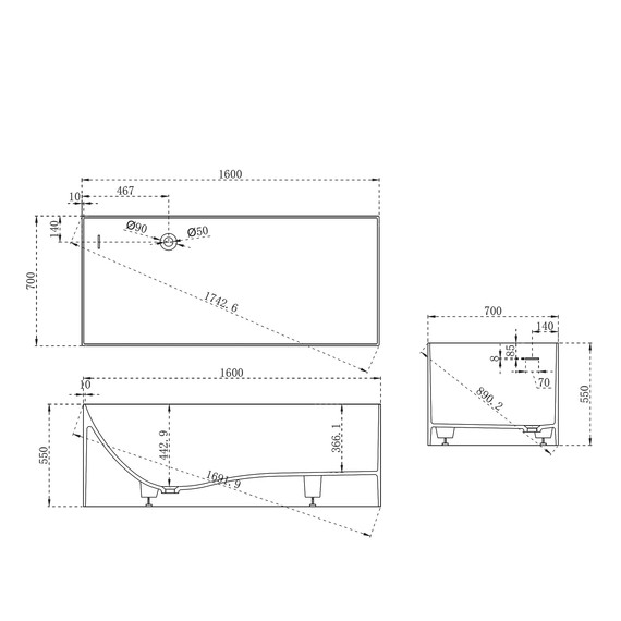 Ванна каменная Abber Stein 160x70 см AS9640-1.6, белый матовый, Размер - мм: 1600х700 фото 10