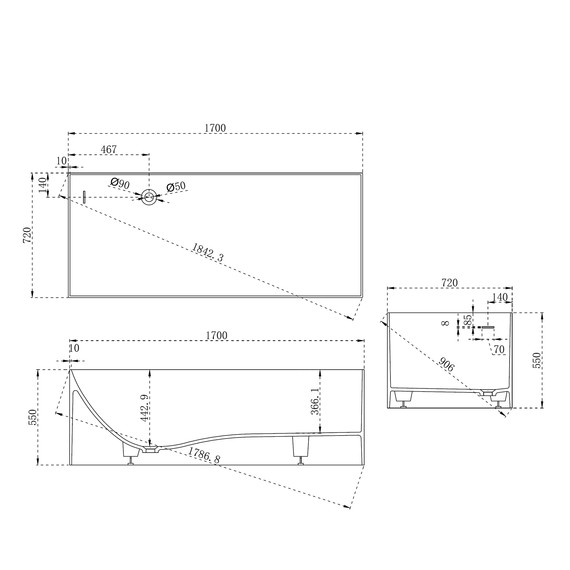 Ванна каменная Abber Stein 170x72 см AS9640-1.7, белый матовый, Размер - мм: 1700х700 фото 11