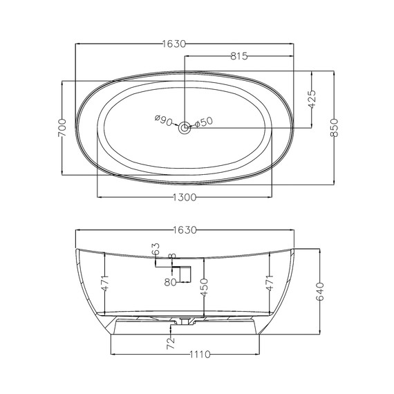 Ванна каменная Abber Stein 163x85 см AS9615-1.6, белый матовый, Размер - мм: 1650х850 фото 10
