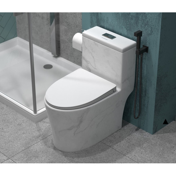 Унитаз-моноблок безободковый EvaGold EG060001 с тонкой крышкой микролифт, белый с декором -  Унитаз-моноблок безободковый EvaGold EG060001 с тонкой крышкой микролифт, белый с декором фото