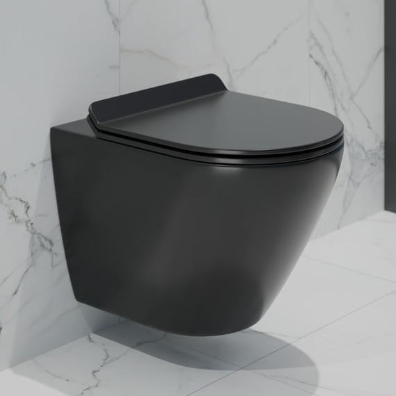 Унитаз подвесной безободковый EvaGold EG070003 с тонкой крышкой микролифт, чёрный матовый -  Унитаз подвесной безободковый EvaGold EG070003 с тонкой крышкой микролифт, чёрный матовый фото