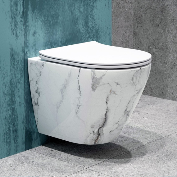 Унитаз подвесной безободковый EvaGold EG070017 с тонкой крышкой микролифт, белый мрамор -  Унитаз подвесной безободковый EvaGold EG070017 с тонкой крышкой микролифт, белый мрамор фото