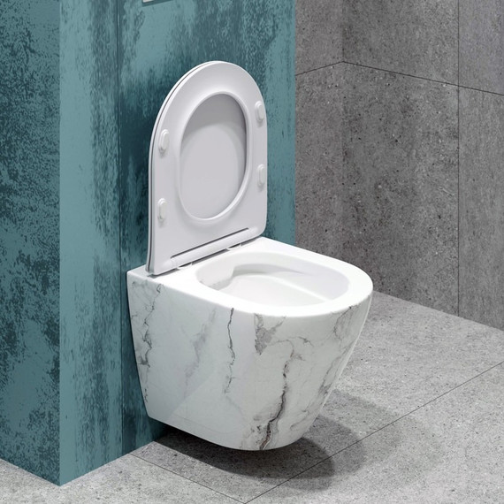 Унитаз подвесной безободковый EvaGold EG070017 с тонкой крышкой микролифт, белый мрамор - 3 Унитаз подвесной безободковый EvaGold EG070017 с тонкой крышкой микролифт, белый мрамор фото 3