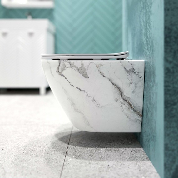 Унитаз подвесной безободковый EvaGold EG070017 с тонкой крышкой микролифт, белый мрамор - 4 Унитаз подвесной безободковый EvaGold EG070017 с тонкой крышкой микролифт, белый мрамор фото 4