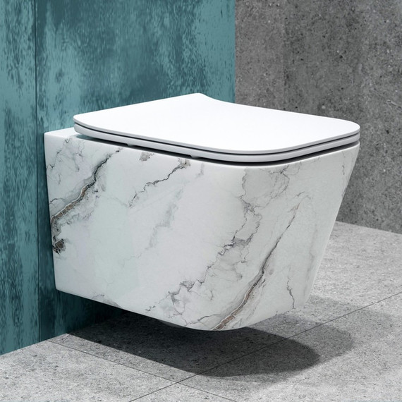 Унитаз подвесной безободковый EvaGold EG070018 с тонкой крышкой микролифт, белый мрамор -  Унитаз подвесной безободковый EvaGold EG070018 с тонкой крышкой микролифт, белый мрамор фото