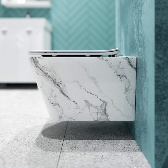 Унитаз подвесной безободковый EvaGold EG070018 с тонкой крышкой микролифт, белый мрамор - 5 Унитаз подвесной безободковый EvaGold EG070018 с тонкой крышкой микролифт, белый мрамор фото 5