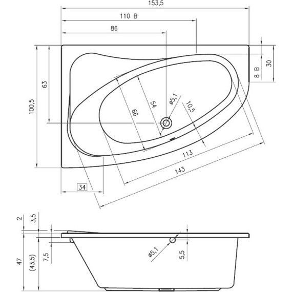 Ванна акриловая Riho LYRA 153x100 см BA6700500000000 R, Размер - мм: 1530х1000 фото 6