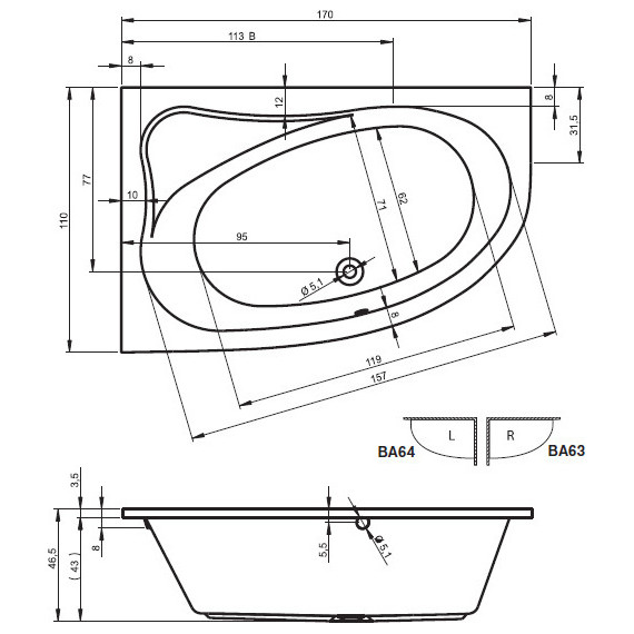 Ванна акриловая Riho LYRA 170x110 см BA6300500000000 R, Размер - мм: 1700х1100 фото 6