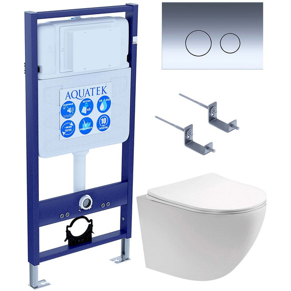 Инсталляция с подвесным унитазом комплект: Aquatek Set INS-0000012 с подвесным безободковым унитазом Европа AQ1901-00 сиденье микролифт, крепление, кнопка смыва хром глянцевый фото 