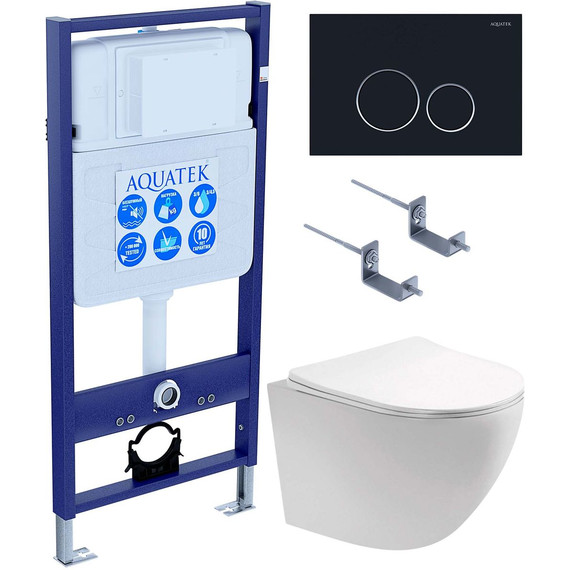 Инсталляция с подвесным унитазом комплект: Aquatek Set INS-0000012 с подвесным безободковым унитазом Европа AQ1901-00 сиденье микролифт, крепление, кнопка смыва чёрный матовый фото 