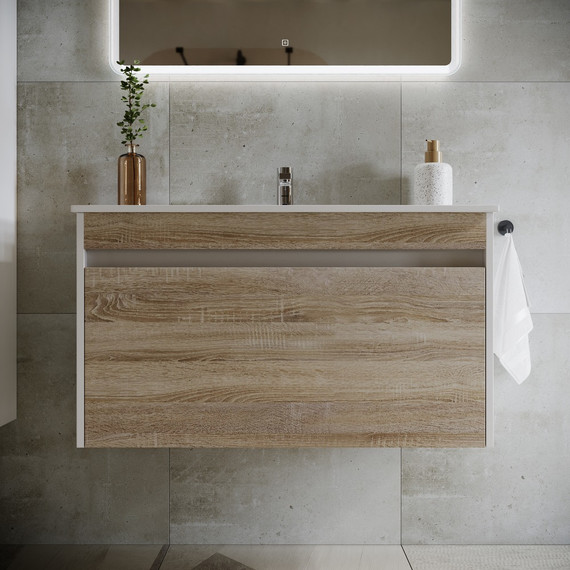 Тумба подвесная с раковиной-столешницей Sancos Smart 90 см SM90E, дуб бардолино/белый - 3 Тумба подвесная с раковиной-столешницей Sancos Smart 90 см SM90E, дуб бардолино/белый фото 3