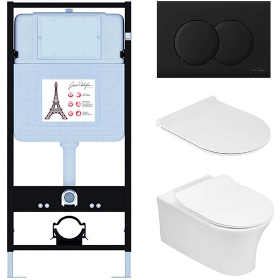 Инсталляция с подвесным безободковым унитазом Jacob Delafon Aleo E21731RU-BL, сиденье с тонкой крышкой микролифт фото 