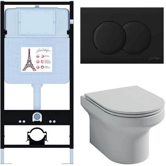 Инсталляция с подвесным безободковым унитазом Jacob Delafon Elite E21743RU-BL, сиденье с тонкой крышкой микролифт фото 